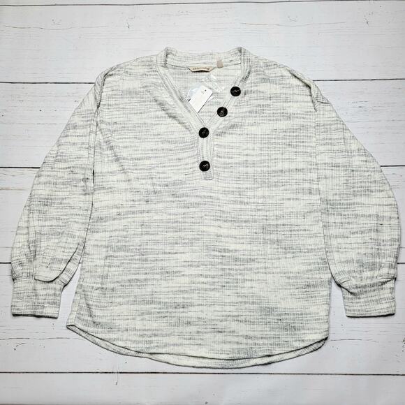 Soft Surroundings Jules Thermal Top Ivory Grey Gray Ribbed Button V Neck Small - Picture 1 of 7